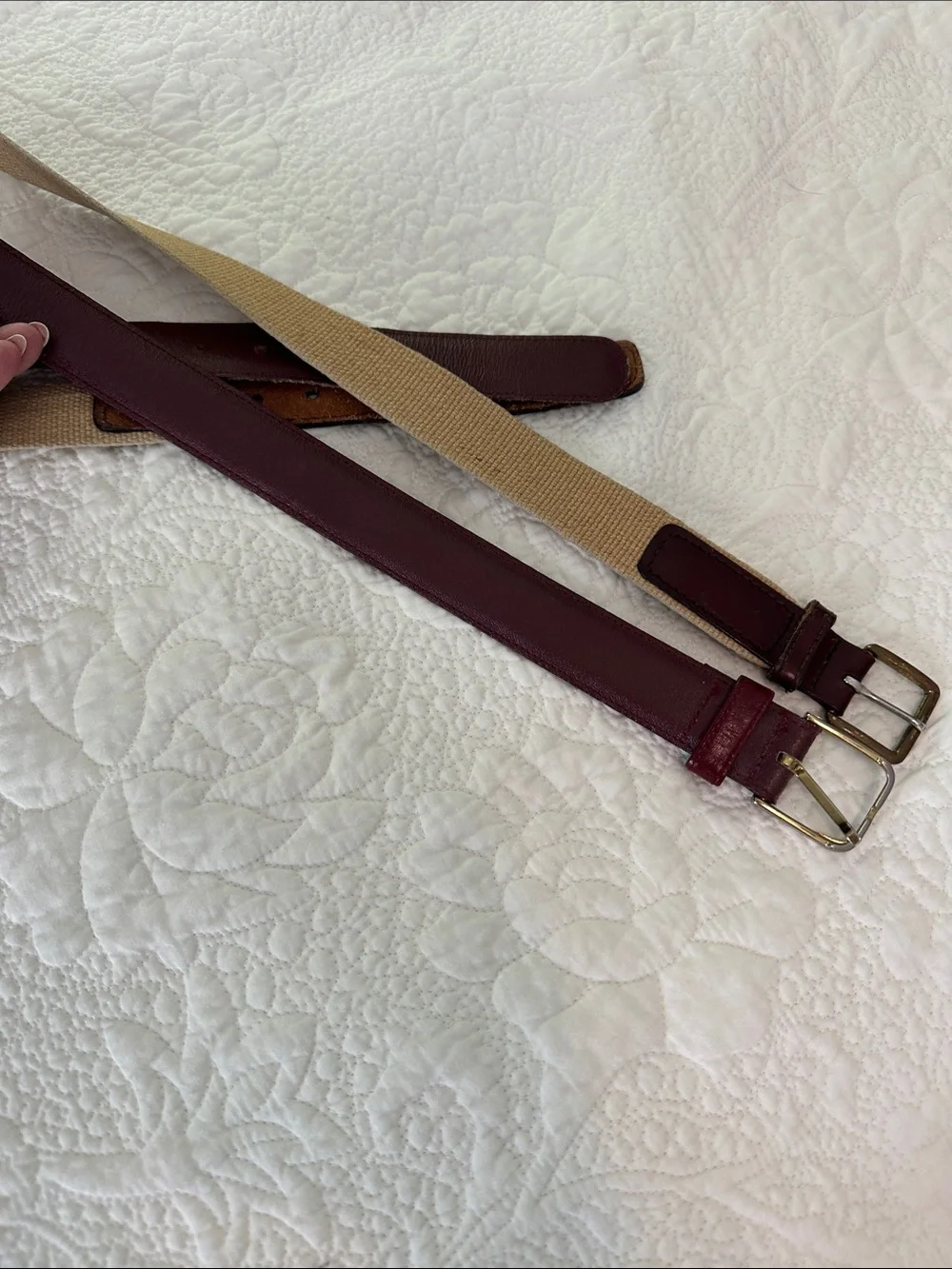 Men's Burgundy Leather and Beige Canvas Casual Belts